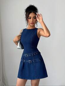 Elenzga 复古修身牛仔迷你裙，收腰无袖修身连衣裙（女款） - 深色水洗藍 - 查看 5