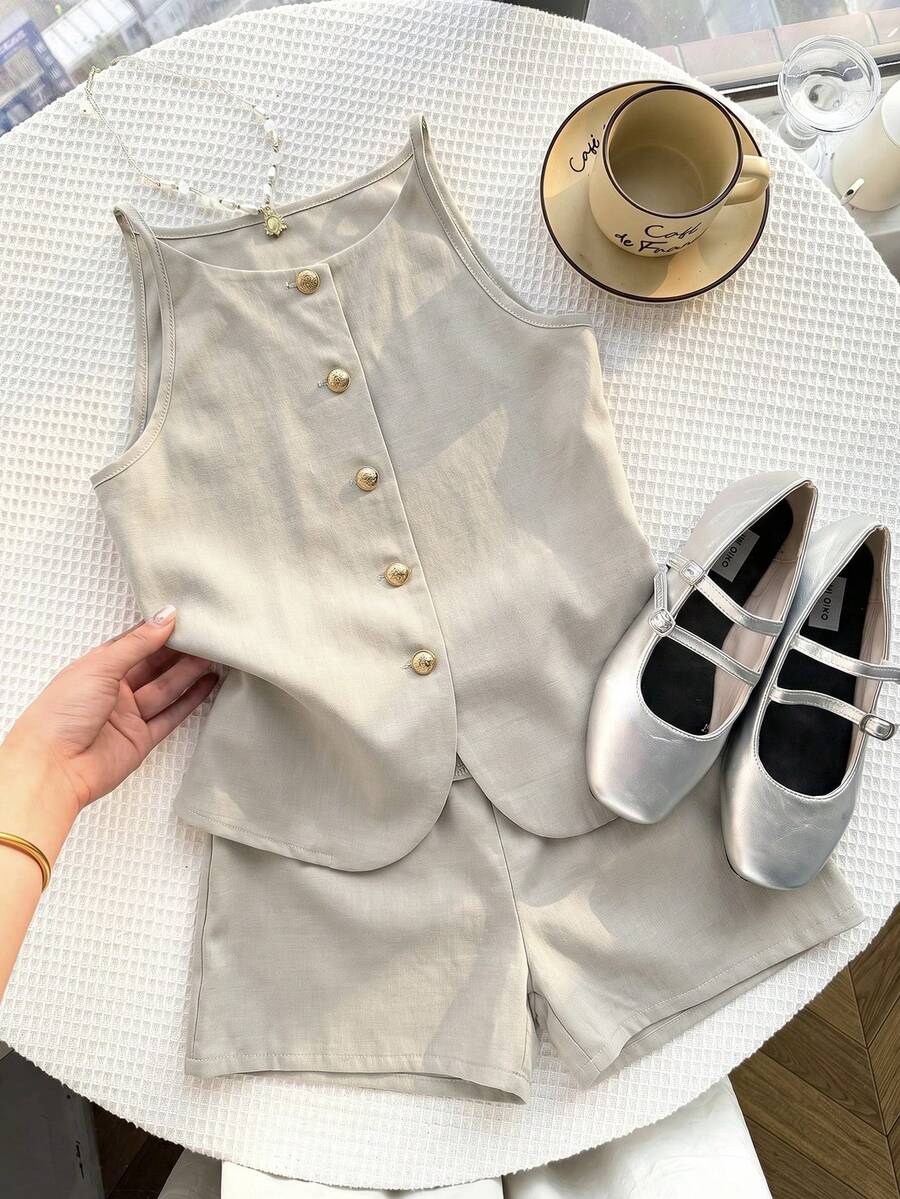 Bộ áo tank top và quần short màu mơ cho bé gái tuổi teen, trang phục thường ngày, cỡ lớn. - Màu be - Xem 1