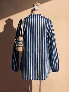 Swim Vcay 2026 Nouvelle Chemise Kimono d'été de plage de vacances décontractée minimaliste pour femmes en tissu jacquard rayé bleu et blanc, col ouvert. Kimono grande taille printemps/été - Bleu azur - Voir 9