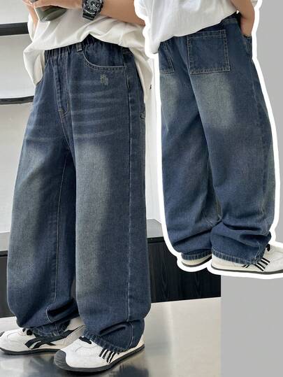 男童深蓝色水洗做旧牛仔裤，春秋新款韩版时尚百搭宽松阔腿舒适优质棉质牛仔布，日常基础款，适合上学、度假等春秋穿着，儿童牛仔裤，男童长裤