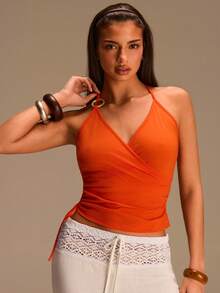 Athîral Women's Sexy Round Ring Side Drawstring Halter Backless Crop Top, Summer - Orange - View 4