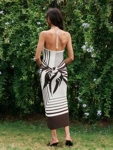 Gaivellea Women's Autumn Beach Golf Vacation Colorblock White Backless Tie Front Fitted Dress Sexy - Multicolor - View 3
