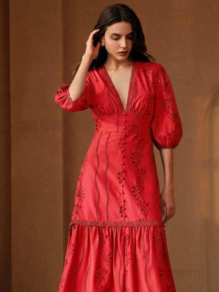 Anewsta Women's Summer V-Neck Puff Sleeve Embroidered Hollow Design Waist Cinched Split Dress, Red. Suitable For Commuting, Outings And Daily Wear - Red - View 1