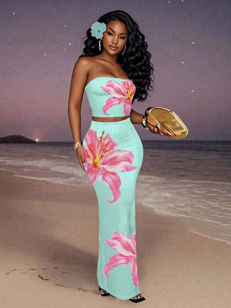 SHEIN Slayr 2pcs Mint Green Floral Print Vest And Skirt Sets, Casual, Minimalist, Suitable For Holiday, Party And Country, Spring/Summer 2025 Tropical Two Piece Set Beach Two Piece Set Vacation Two Piece Set Floral Two Piece Set Lily Two Piece Set Suitable For Going Out
