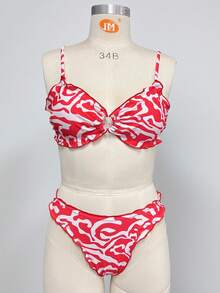 Conjunto de bikini de playa casual y lindo para mujer con accesorios asimétricos de volantes en rojo y blanco, Bonvoyette-D - Multicolor - Ver 5