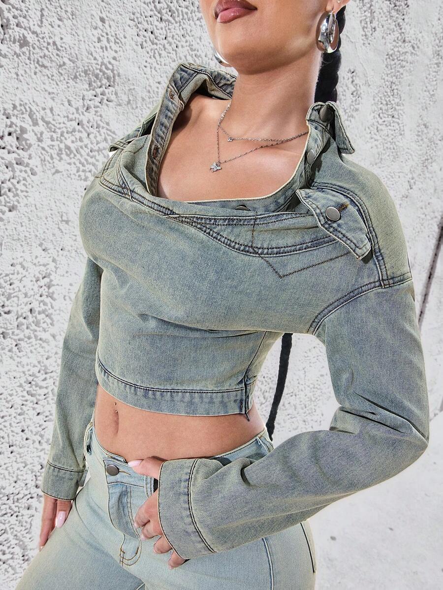 Denimoi Women's Ruched Draped Neck Casual Versatile Date Outing Denim Blouse Fashion Event - Light Wash - View 1