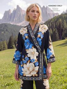 CAJUNI Black Boho Wrap-Style Kimono With Floral Print. - Black - View 5