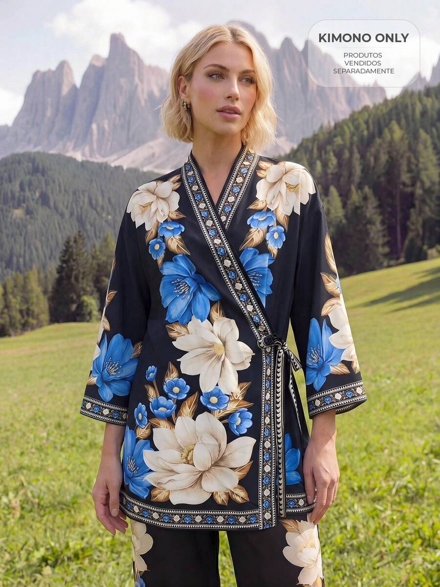 CAJUNI Black Boho Wrap-Style Kimono With Floral Print. - Black - View 1