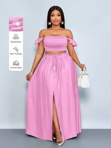 SOLERSUN Plus Size Women's Vacation Romantic Elegant Linen-Like Off Shoulder Small Flying Sleeves Crop Top And A-Line Center Front Slit Maxi Skirt Suit, Women Two Pieces Outfits,Casual Daily Wear,Suitable For Daily Dressing, Shopping, Dating, And Island Vacations,Quiet Luxury Vacation - Pink - View 1