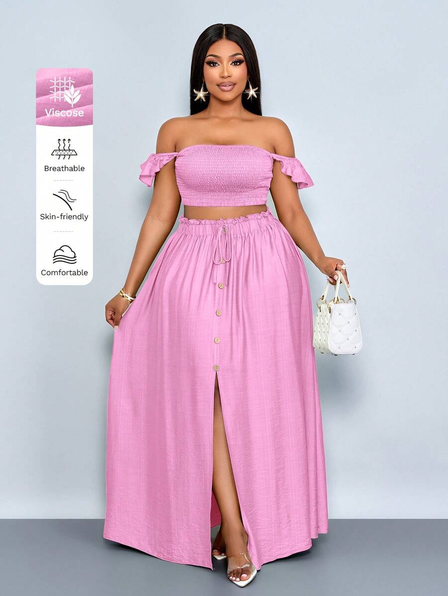 SOLERSUN Plus Size Women's Vacation Romantic Elegant Linen-Like Off Shoulder Small Flying Sleeves Crop Top And A-Line Center Front Slit Maxi Skirt Suit, Women Two Pieces Outfits,Casual Daily Wear,Suitable For Daily Dressing, Shopping, Dating, And Island Vacations,Quiet Luxury Vacation - Pink - View 1