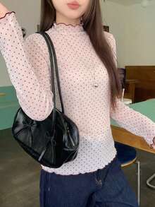 DAZY 女士休闲波点长袖韩版T恤，夏季 - 粉色 - 查看 3