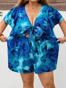 SHEIN CURVE+ Bộ áo liền quần ngắn xếp ly eo, họa tiết hoa nhiệt đới, thích hợp cho nữ, thích hợp mặc đi biển hoặc du lịch. - Màu xanh lam - Xem 6