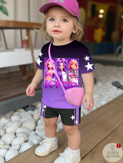 女婴休闲卡通女孩肖像套装，活力渐变紫色，圆领短袖T恤搭配紧身短裤，适合春夏穿着