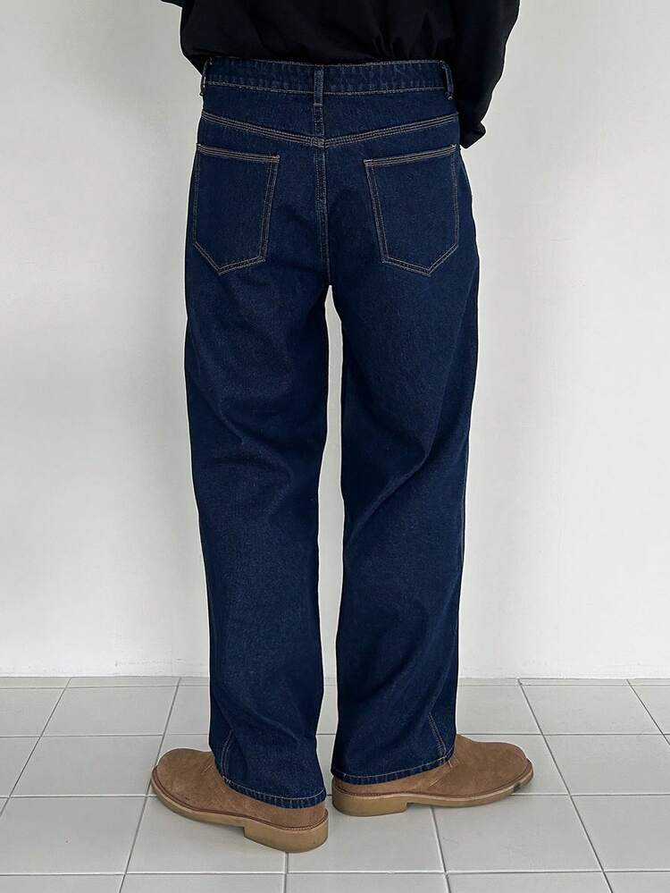 Men's Slim Fit Long Dark Blue Denim Jeans, Suitable For Spring And Autumn