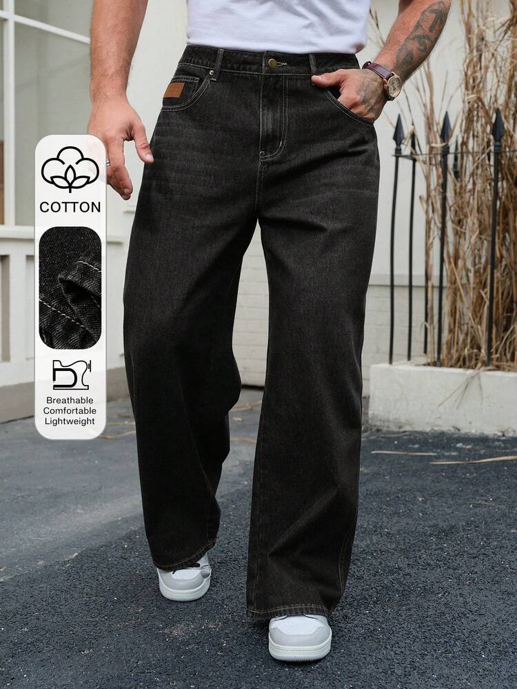 Men's Autumn Navy Blue Raw Denim Wide Leg Jeans With Patch Design