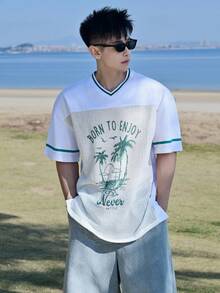 DAZY Camiseta de malla de verano para hombre con estampado de palmeras y letras en parches - Blanco - Ver 7