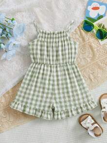 Baby Girl Plaid Ruffle Casual Jumpsuit Romper For Summer Everyday Wear - Green - View 2