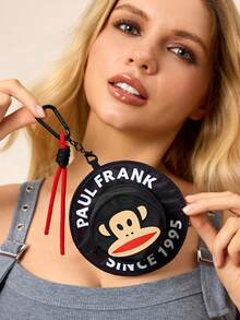 Paul Frank X SHEIN 1个帽子造型卡通印花零钱包，配有挂钩，可存放硬币、钥匙和其他小物件，适合女性、男性和学生使用，品牌，猴子图案。 - 黑色 - 查看 1