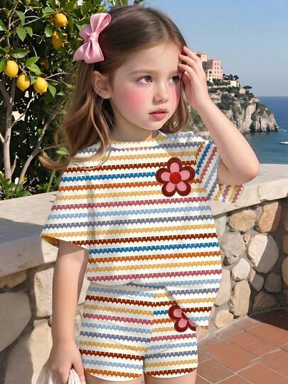 Bộ đồ bé gái sơ sinh dễ thương, họa tiết hoa phối màu sọc, gồm áo tay ngắn cổ tròn và quần short ôm sát, thích hợp cho mùa hè, đi học, dã ngoại. Bộ trang phục mùa hè đáng yêu cho bé gái, phong cách Hàn Quốc.