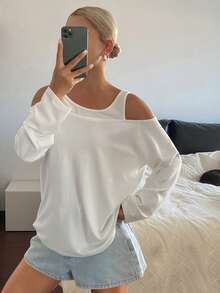 DAZY Camiseta de manga larga de unicolor y estilo minimalista para mujer, para uso casual diario - Blanco - Ver 4