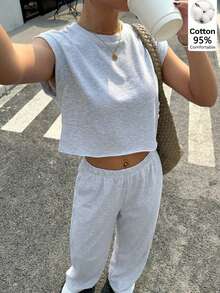 SHEIN Muchic 女士百搭圆领T恤和休闲裤套装，日常穿着 - 灰色 - 查看 3