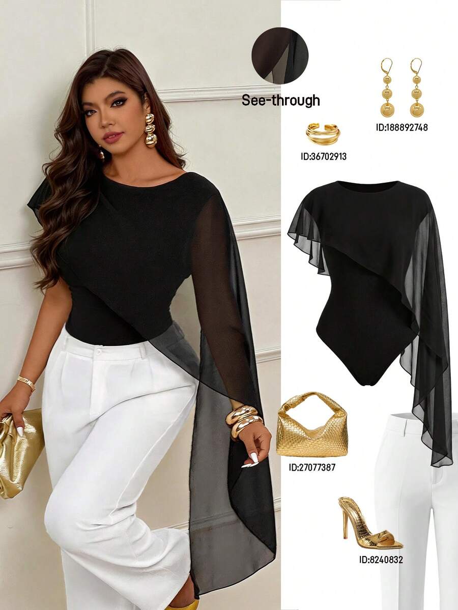 Femmeverse Mono de mujer de talla grande de unicolor con cuello redondo, versátil para uso diario - Negro - Ver 1