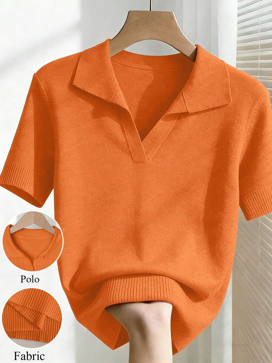 Franclia Women's Spring/Summer White Simple Casual Turndown Collar Raglan Short Sleeve Solid Color Fitted Knit Top - Orange - View 1
