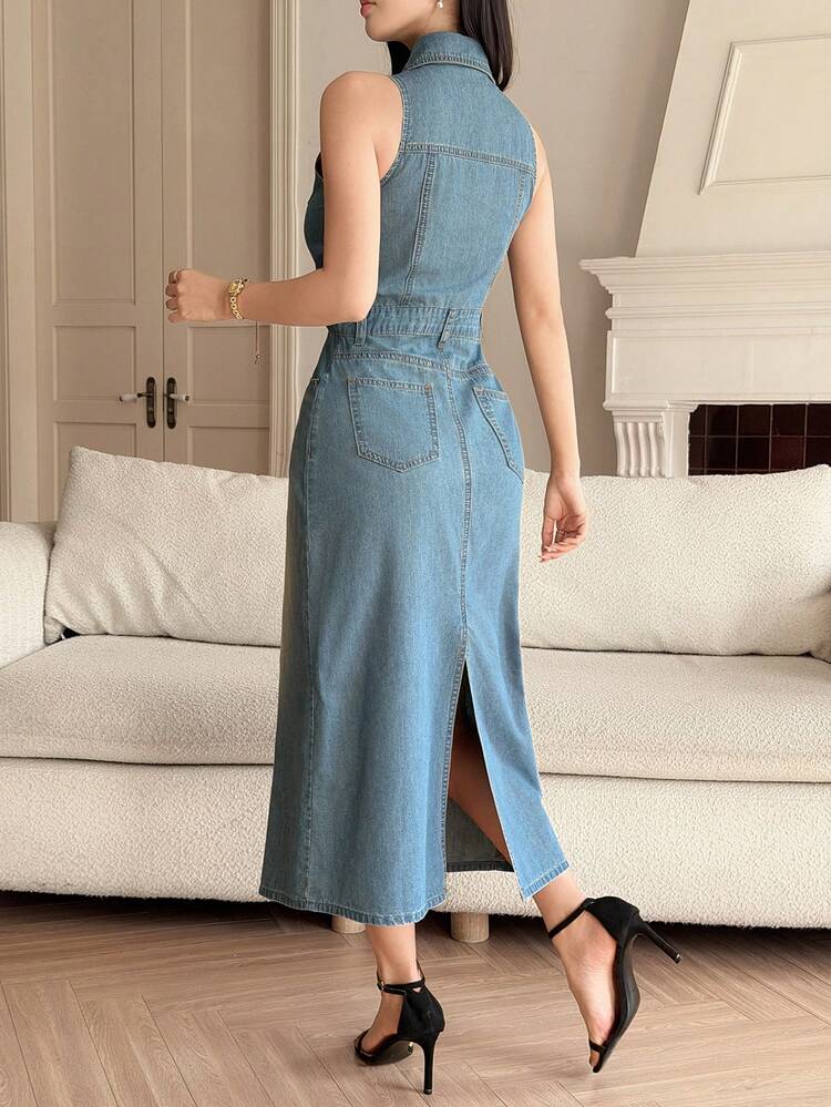 Women's Casual Washed Pleated Pocket Sleeveless Denim Dress, Summer Sun Dresses For Women