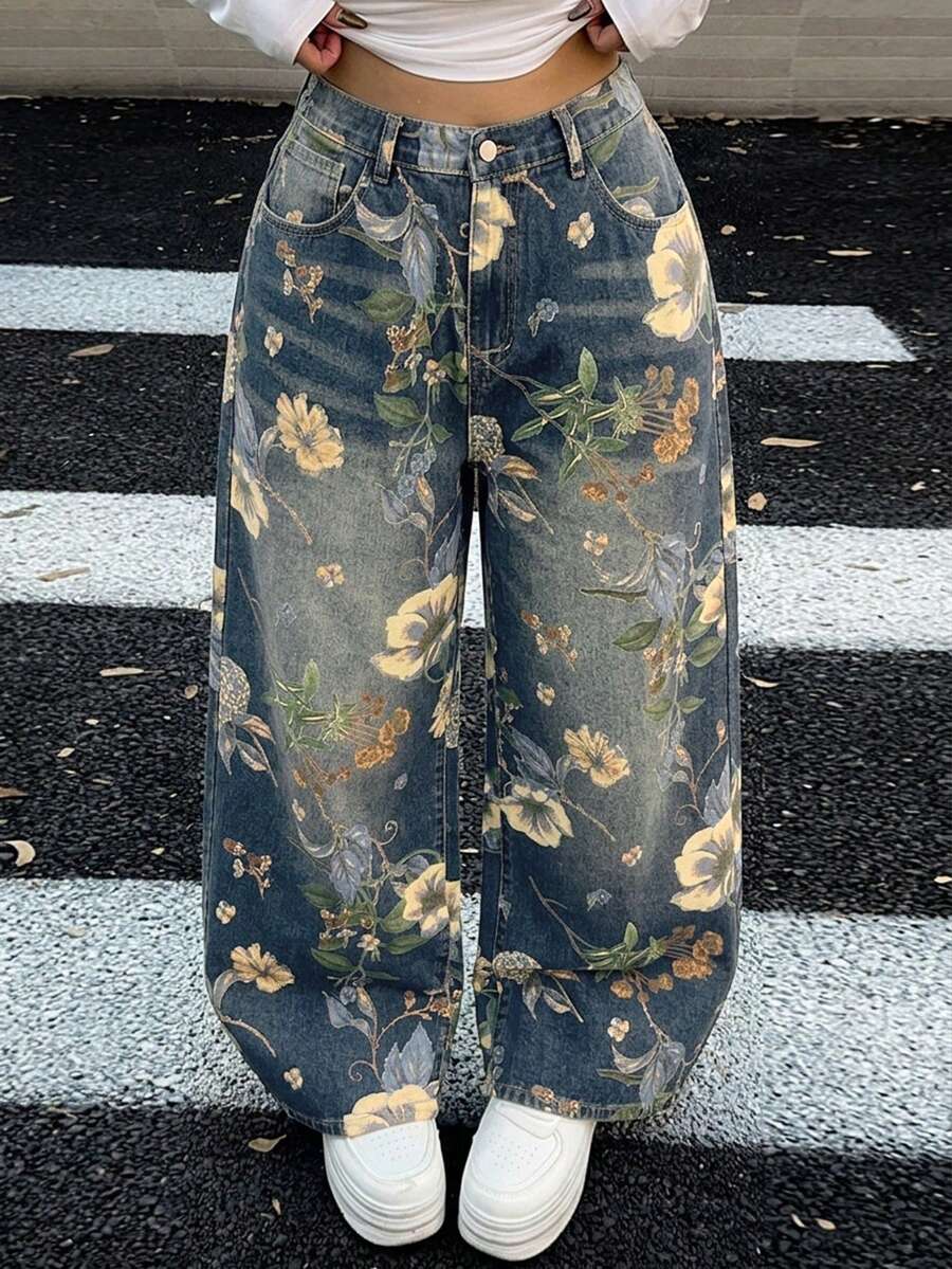 Dazy Plus 花卉印花直筒长款加大码女式牛仔裤 - 霧霾藍 - 查看 1