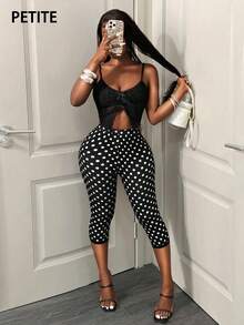 SHEIN PETITE Petite Damen Vintage Lässig Urlaub Polka Dot Muster Capri Leggings - Schwarz - Übersicht 4