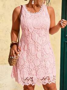 Breezaya Elegant White Lace Trim Plus Size Women Sleeveless Round Neck Dress, Spring/Summer - Baby Pink - View 3