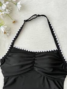 Kids Teen Girl Black Knit Contrast White Shell Ruffle Halter One-Piece Swimsuit,Suitable For Summer,Beach,Holiday,Swimming,Surfing Ruched Bathing Suit - Black and White - View 3