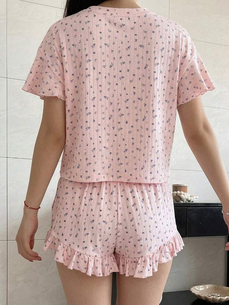 2pcs Sweet Ditsy Floral Ruffle Trim Short Sleeve Shorts Pajama Set For Women, Summer