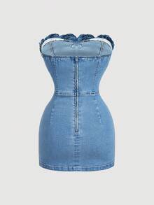 SHEIN MOD 女士3D立体花卉无肩带牛仔连衣裙 - 藍色 - 查看 2