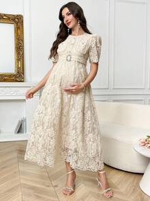 SHEIN Đầm bầu thanh lịch thêu ren, chất liệu lưới, tay áo cánh hoa, có thắt lưng, thích hợp cho mùa hè. - Màu be - Xem 1