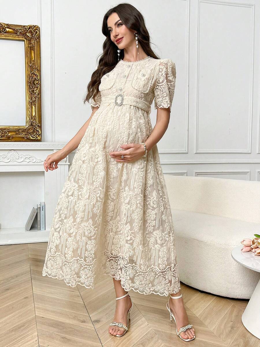 SHEIN Đầm bầu thanh lịch thêu ren, chất liệu lưới, tay áo cánh hoa, có thắt lưng, thích hợp cho mùa hè. - Màu be - Xem 1