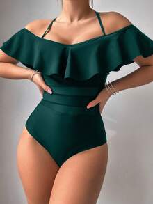 Vaytide Women's Summer Vacation Beach Solid Color Ruffle One-Piece Swimsuit - Teal Blue - View 3