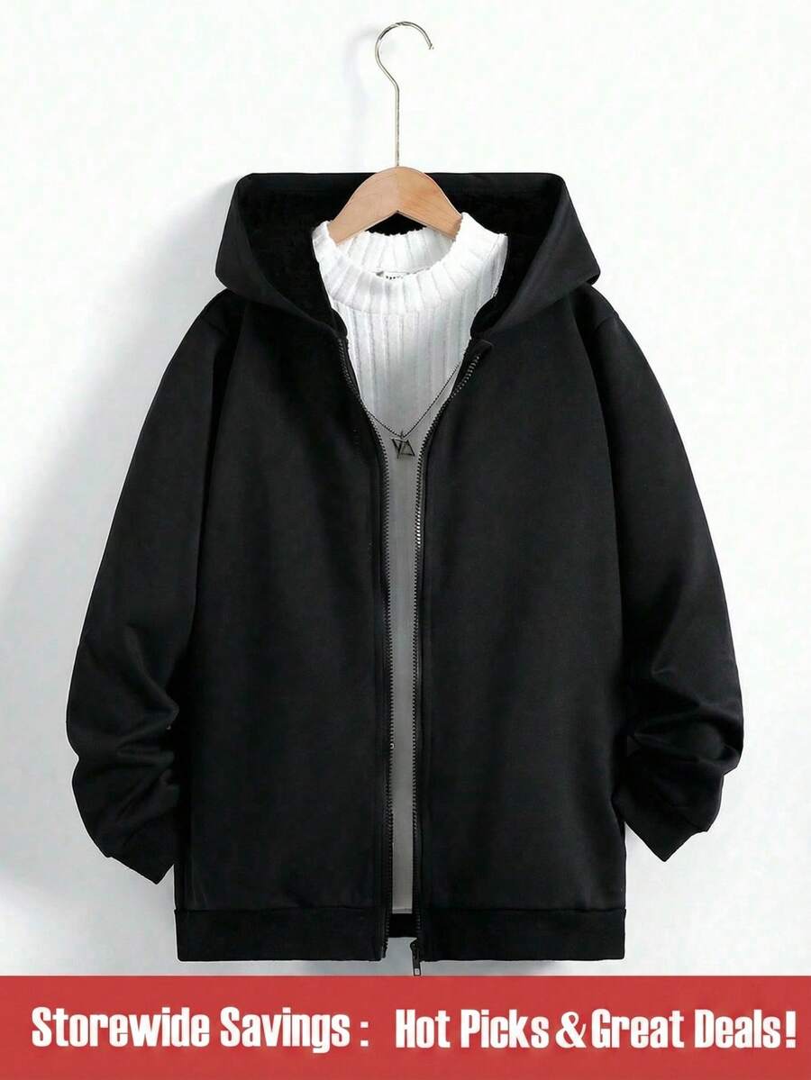 SHEIN Teens' Solid Black Hooded Zip-Up Sweatshirt, Suitable For Casual & Sports Wear - Black - View 1