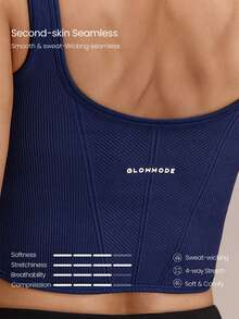 GLOWMODE Ultrafine Soft Seamless Rock Every Rep Sweetheart Neckline Asymmetric Hem Removable Cups Corset-Style Tank Top Running Workout Gym - Dark Blue - View 6