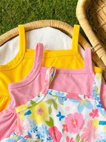 SHEIN 3件套女婴0-3岁碎花吊带连衣裙和纯色荷叶边连衣裙，休闲乡村风夏季女童连衣裙春季女童连衣裙幼儿连衣裙女童夏季套装女童度假服女婴连衣裙婴儿摄影服女婴服装女婴黄色连衣裙女婴碎花连衣裙女童夏季套装女童度假服 - 彩色 - 查看 3