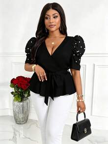 Villa Velisse 大码纯色泡泡袖系带蝴蝶结腰身休闲优雅女式衬衫，春夏款 - 黑色 - 查看 7