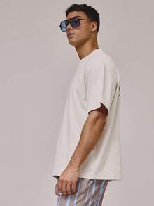 Musero Oversized Crew Neck Short Sleeve Dropped Shoulder Graphic Print Top Front Branded Print Patch Tshirt Spring Summer Holiday Essentials - Camel - View 3