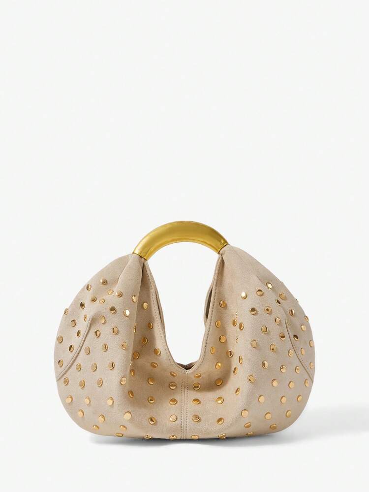 SHEIN Maija Ladies, Women Top Handle Bags, Suede, Suede Bag, Retro, Rivets, Vintage, Gold Metal Handle, Fashionable, Elegant , Simple, Personalized, Versatile, Classic, For Commute, Office, Date, Daily, Shopping, Afternoon Tea
