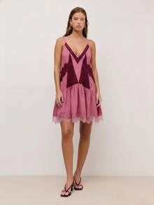 Brown Slip Dress With Contrasting Panels, Lace Accents, And A Flared Hem With Adjustable Straps On Back. Event, Festival, Spring, Summer, Woman. - Multicolor - View 5
