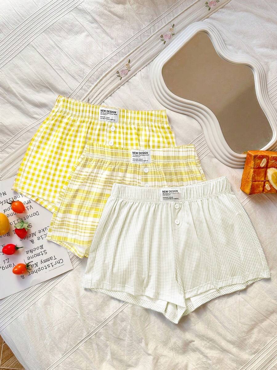Napfluff Bộ 3 món quần pajama kẻ caro rộng rãi, thân thiện với da dành cho nữ, thích hợp mặc ở nhà. - Màu vàng - Xem 1