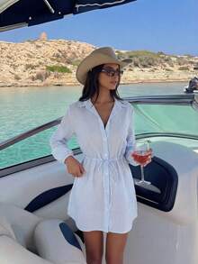 Swim Vcay Women's Spring/Summer Striped Long Sleeve Collared Waist Cinched Vacation Dress, Cover-Up - Blue - View 1