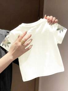 壓花波西米亞野花襯衫，復古植物風，休閒簡約女款圓領短袖基礎T恤，3件組，適合春夏 - 彩色 - 查看 7