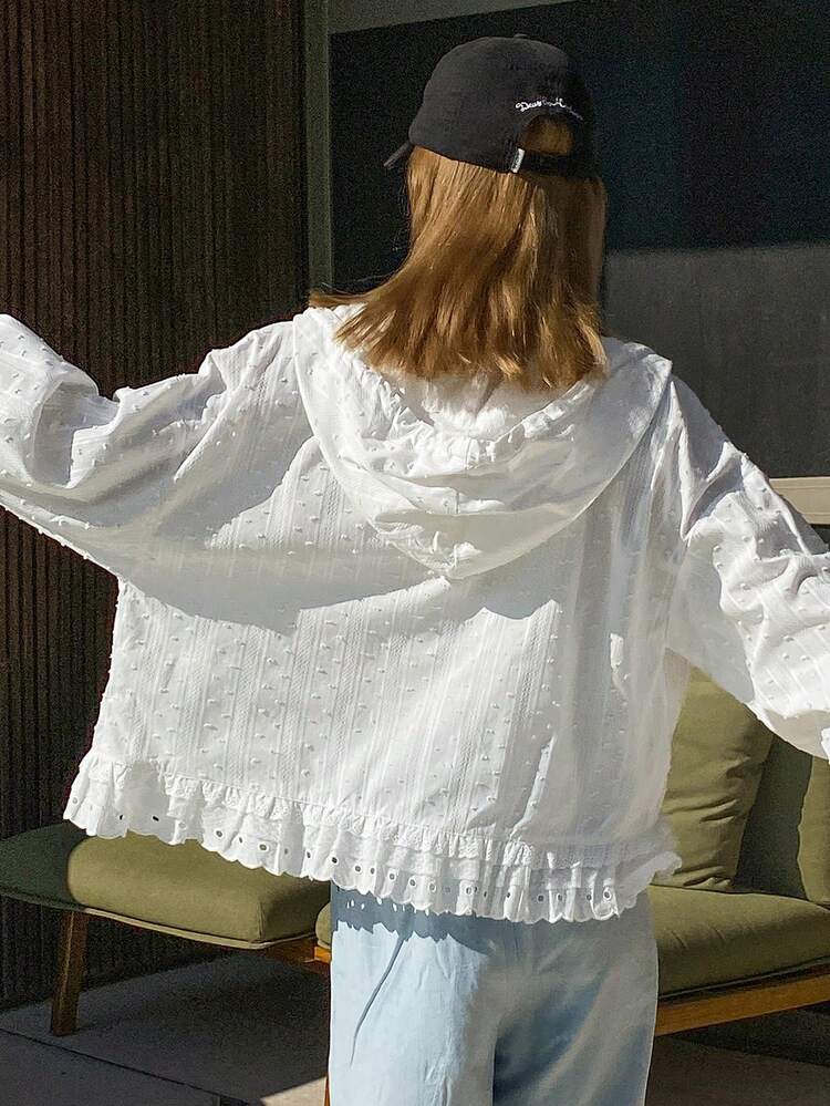 Women's Solid Color Textured Hooded Loose Long Sleeve Lace Patchwork Casual Vacation Sun Protection Spring/Summer Jacket