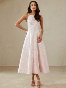 Zanirela Retro French Elegant Graceful Women's Date Party Sophisticated Jacquard Fabric Sleeveless One-Shoulder Cinched Waist Flared Dress Pink Summer - Pink - View 4