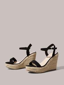 Styleloop Women Shoes Apricot Colorful Hollow Hemp Rope Straw Shoes Wedge Heel Platform Sandals Strap Shoes, Bohemian, Summer Wear, Vacation Atmosphere - Black - View 2